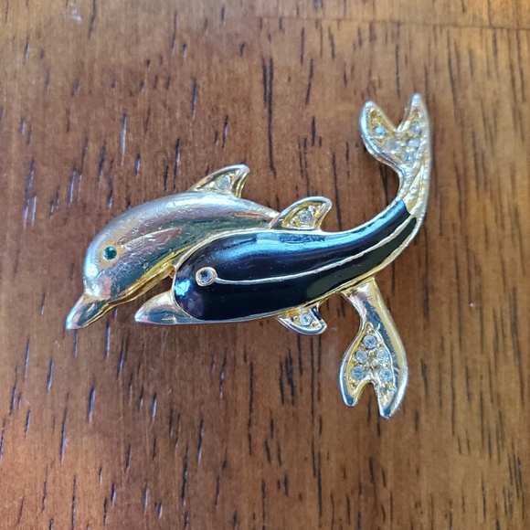 Vintage Gold and Black Dolphin Brooch - Picture 1 of 4